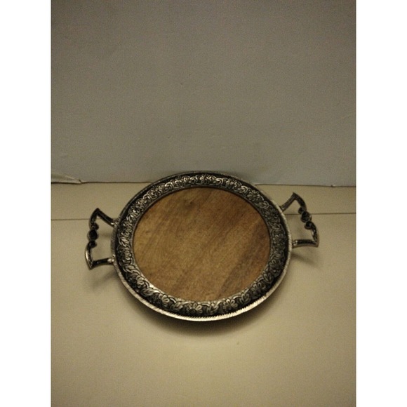 Unbranded Other - Vintage silver wood tray 14.5" With Handles Floral Pattern